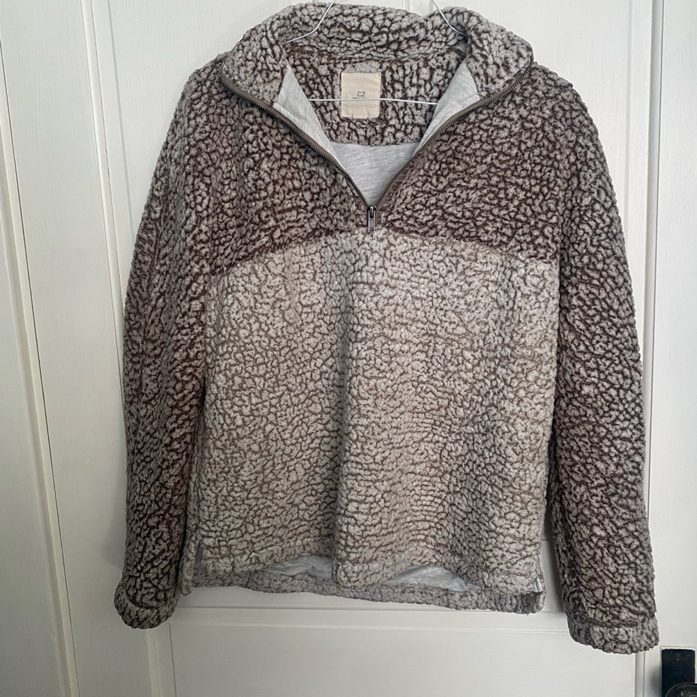 Thread & Supply Two-Tone Sherpa Half-Zip Pullover in Brown & Cream